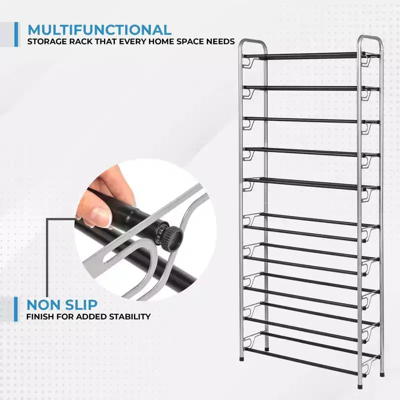 10 Tier Shoe Rack Silver with Black Rough Bars