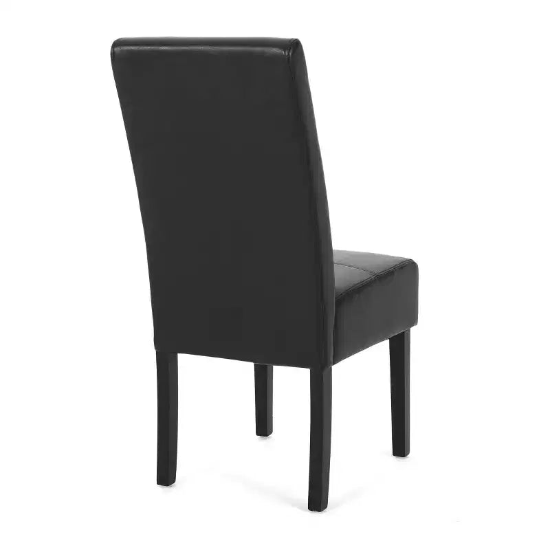 Faux Leather Upholstered Dining Chair with T-Stitching — Midnight Black / Espresso