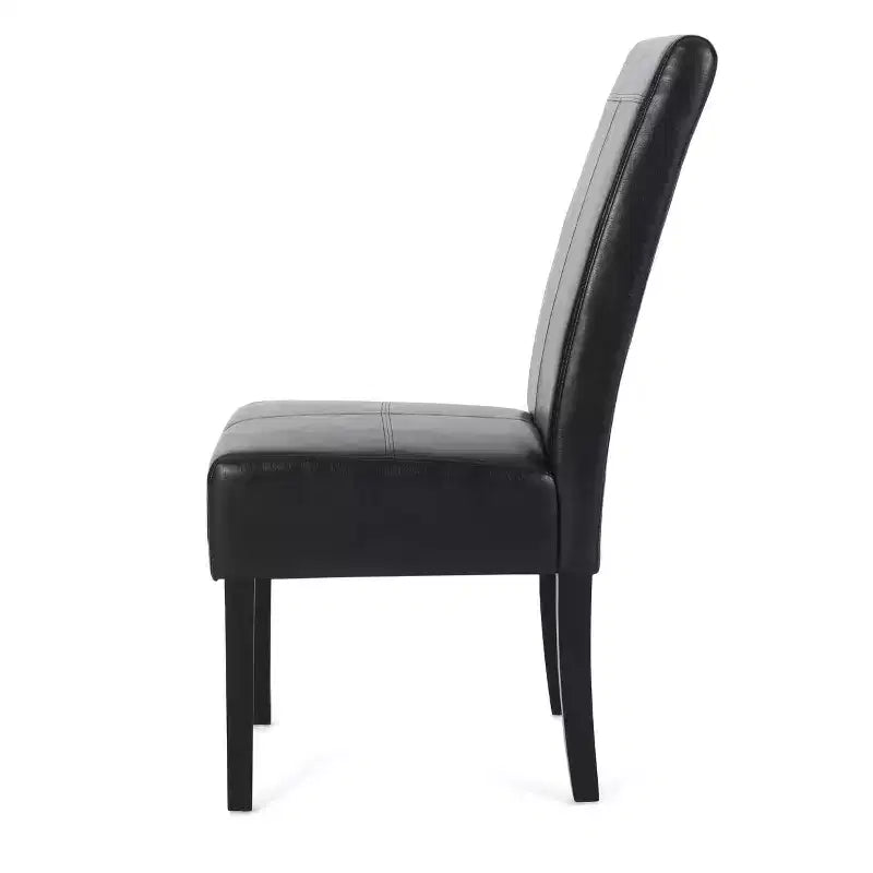 Faux Leather Upholstered Dining Chair with T-Stitching — Midnight Black / Espresso