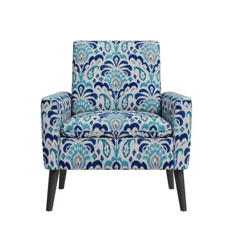 Medieval-modern style armchair for small spaces, brocade pattern, cobalt blue/grey