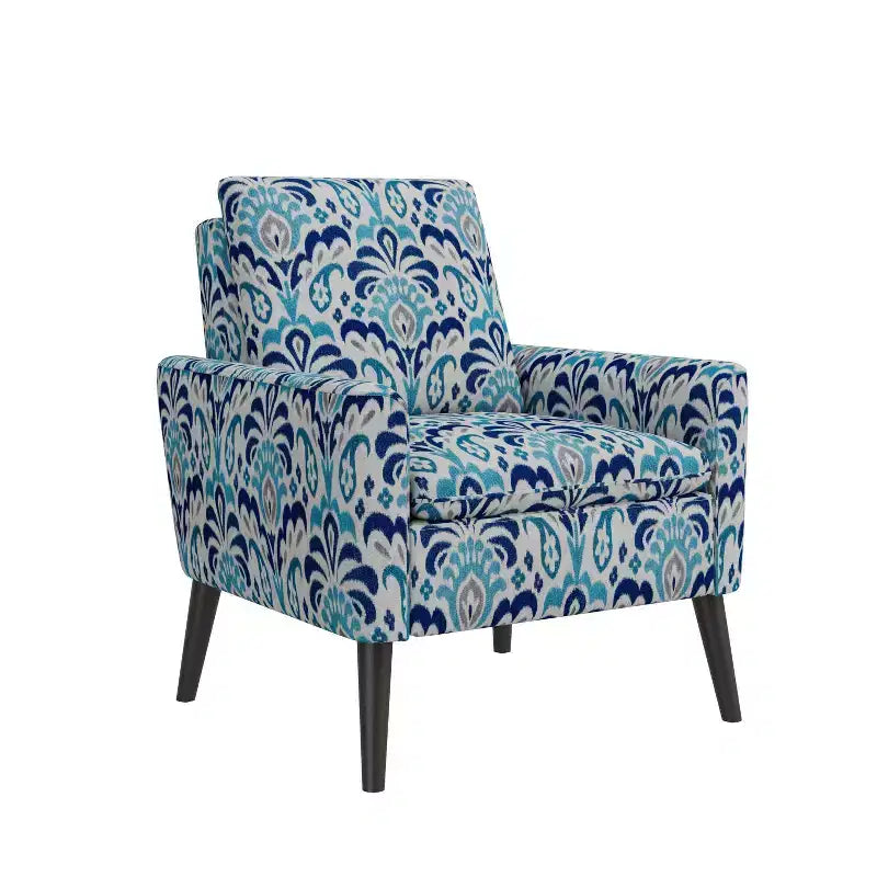 Medieval-modern style armchair for small spaces, brocade pattern, cobalt blue/grey