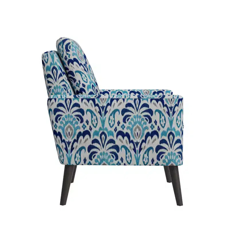Medieval-modern style armchair for small spaces, brocade pattern, cobalt blue/grey