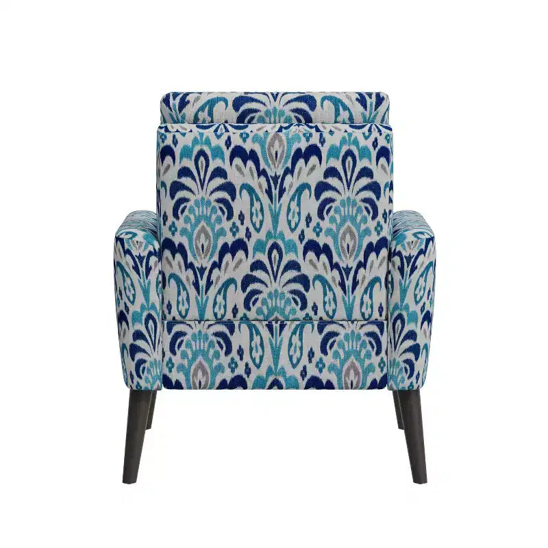 Medieval-modern style armchair for small spaces, brocade pattern, cobalt blue/grey