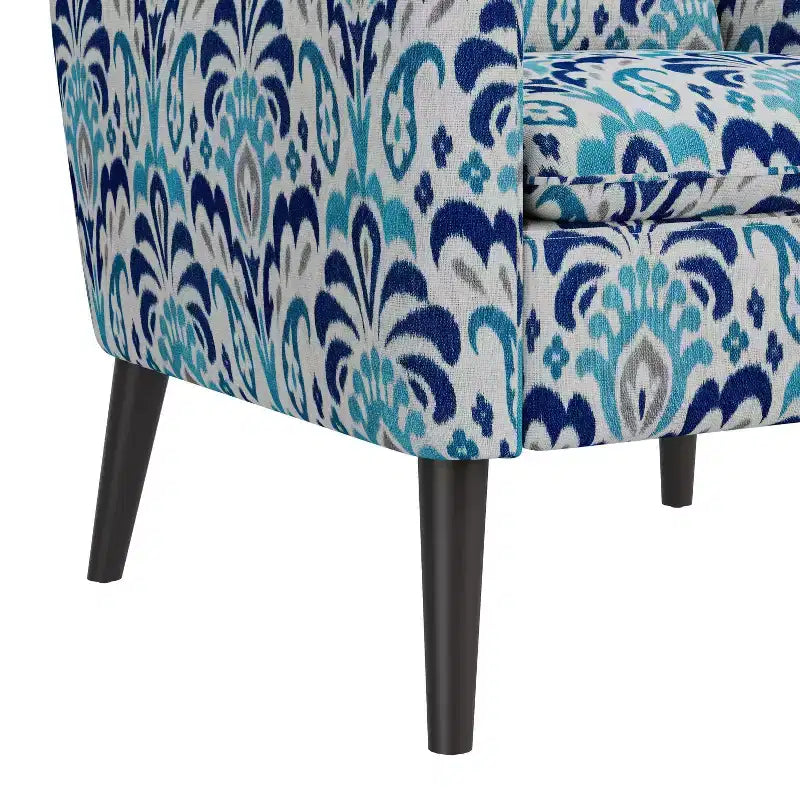 Medieval-modern style armchair for small spaces, brocade pattern, cobalt blue/grey