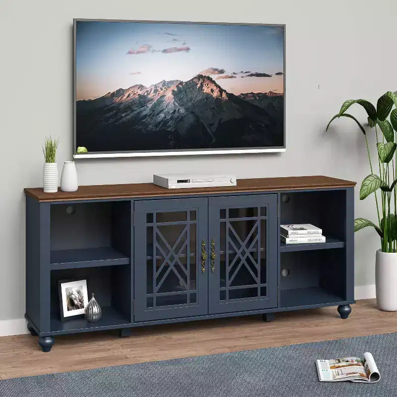 Meuble TV vintage de 178 cm pour téléviseurs jusqu'à 203 cm, bleu marine