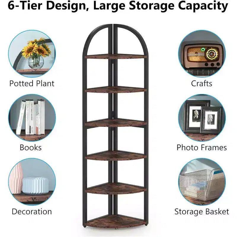 70.87" Tall 6 Tier Corner Bookcase for Home Office Brown