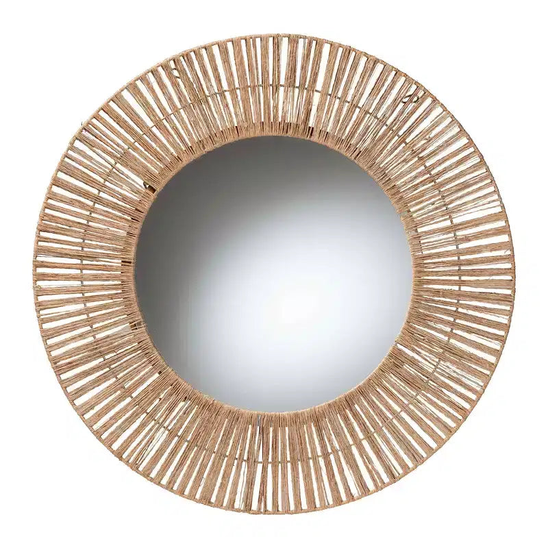 Modern Bohemian-style decorative hanging mirror featuring metal and natural brown seagrass.