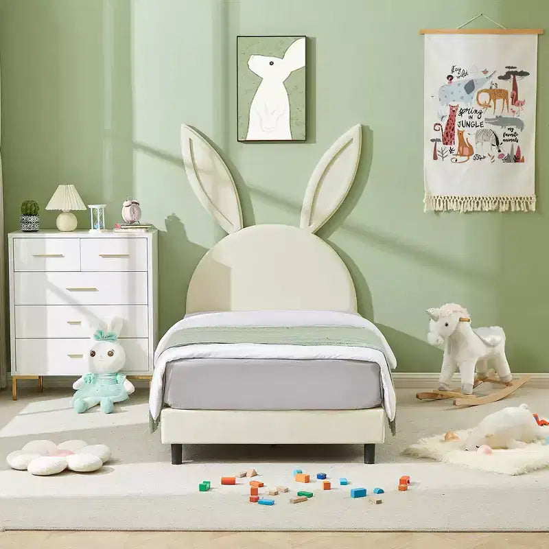 Kids Twin Size Platform Bed Frame with Upholstered Headboard