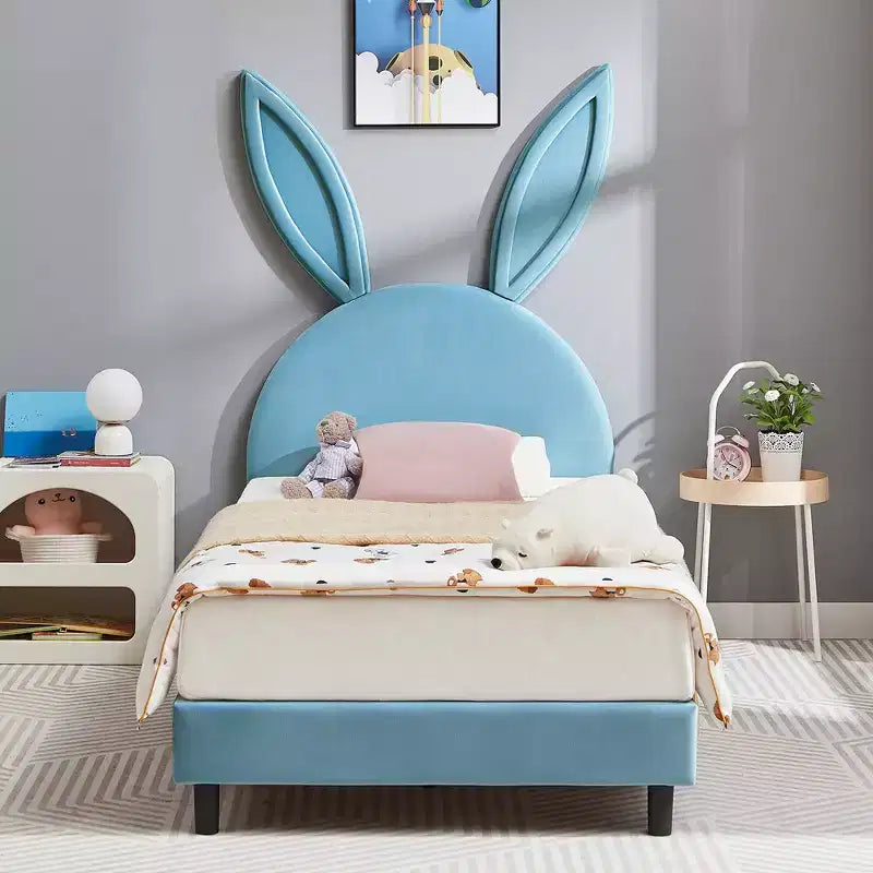 Kids Twin Size Platform Bed Frame with Upholstered Headboard