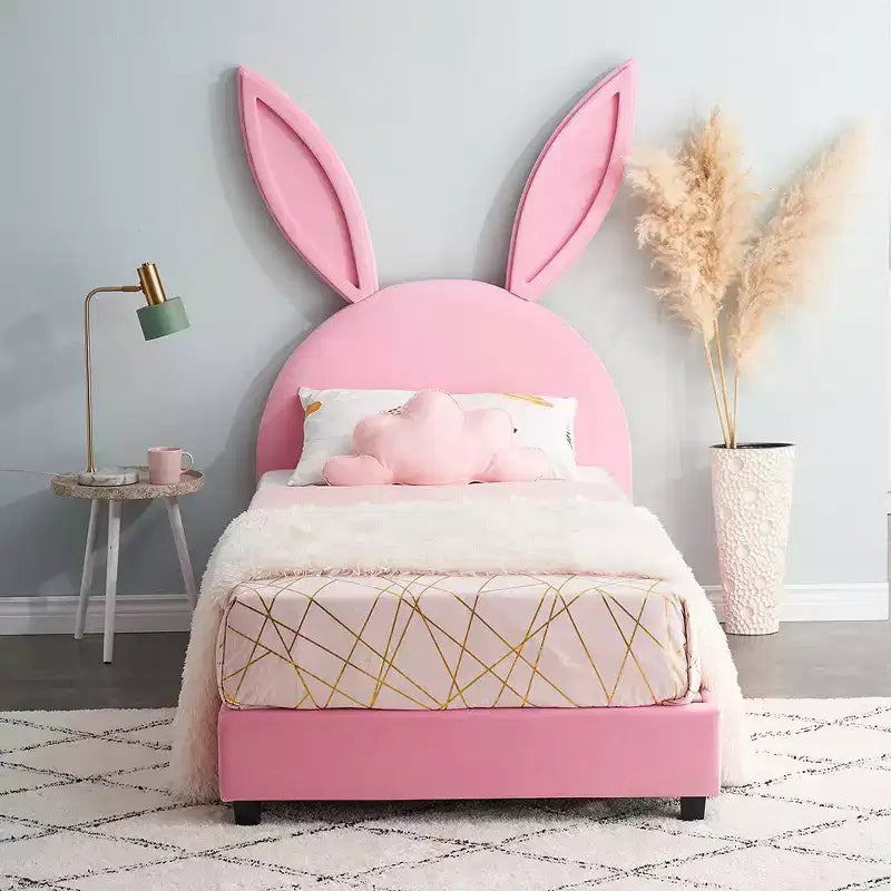 Kids Twin Size Platform Bed Frame with Upholstered Headboard