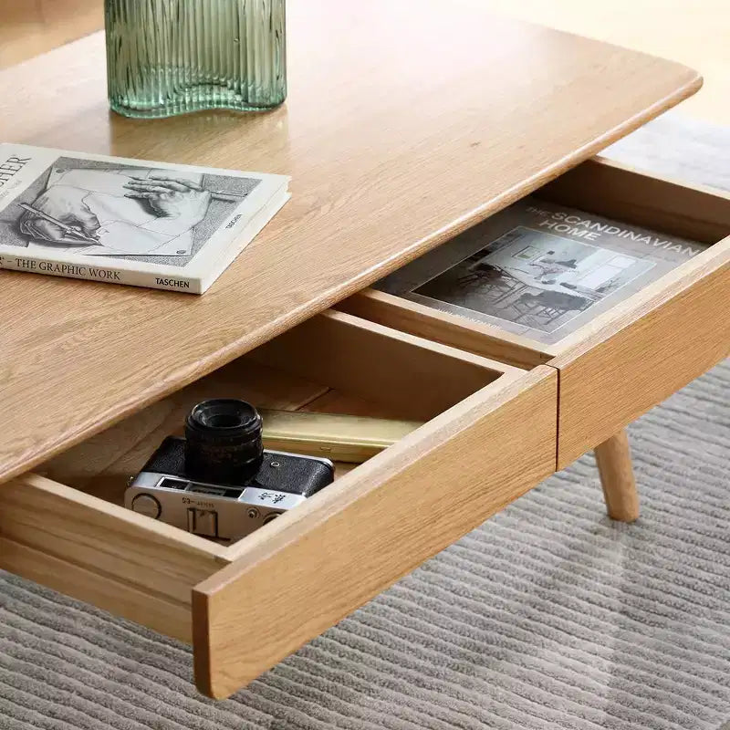 Coffee Table with Drawers, Wood Coffee Table, Center Table Low Table Solid Wood Top Plate Desk Study Writing Desk for Living Room Bedroom Entrayway