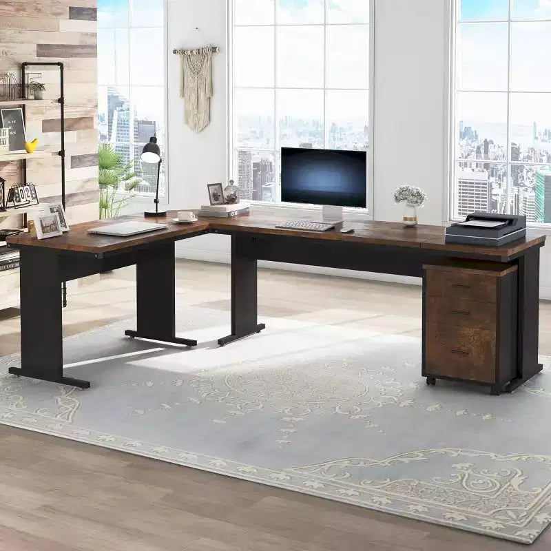 Bureau de direction en L de 210 cm avec caisson mobile à 3 tiroirs