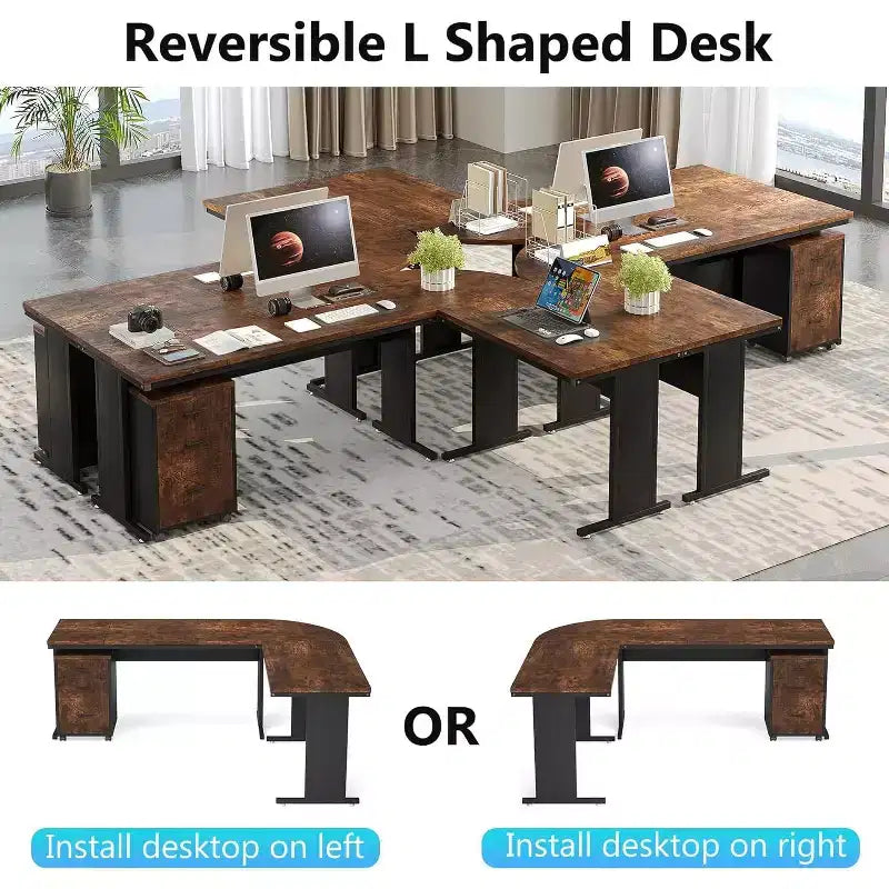 Bureau de direction en L de 210 cm avec caisson mobile à 3 tiroirs