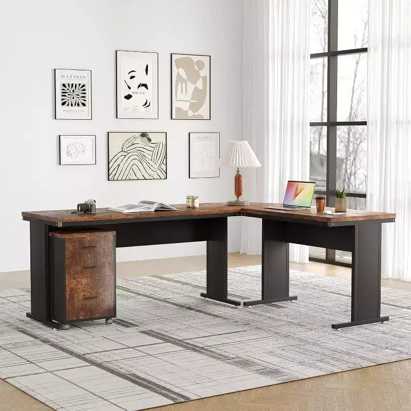 Bureau de direction en L de 210 cm avec caisson mobile à 3 tiroirs