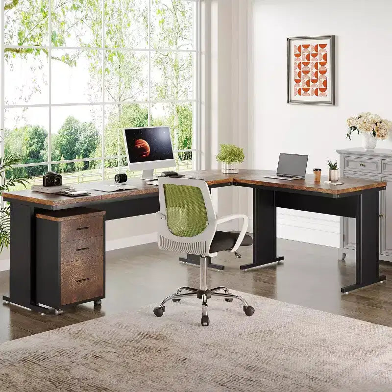 Bureau de direction en L de 210 cm avec caisson mobile à 3 tiroirs