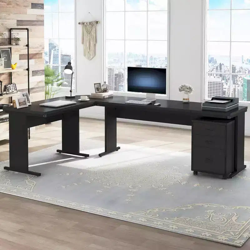 Bureau de direction en L de 210 cm avec caisson mobile à 3 tiroirs