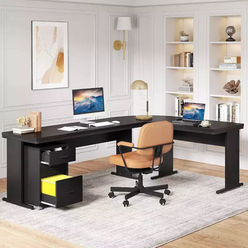 Bureau de direction en L de 210 cm avec caisson mobile à 3 tiroirs