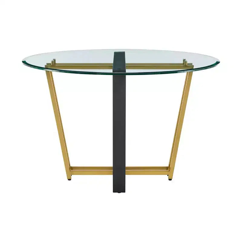 Table à manger avec plateau rond en verre et piètement en acier inoxydable brossé et fer forgé