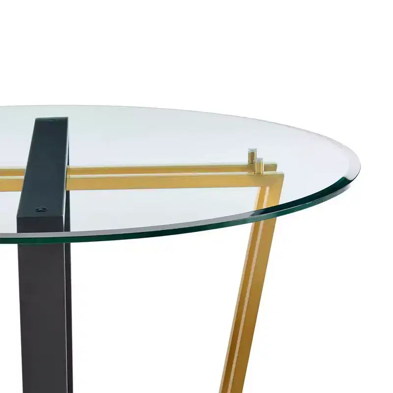 Table à manger avec plateau rond en verre et piètement en acier inoxydable brossé et fer forgé