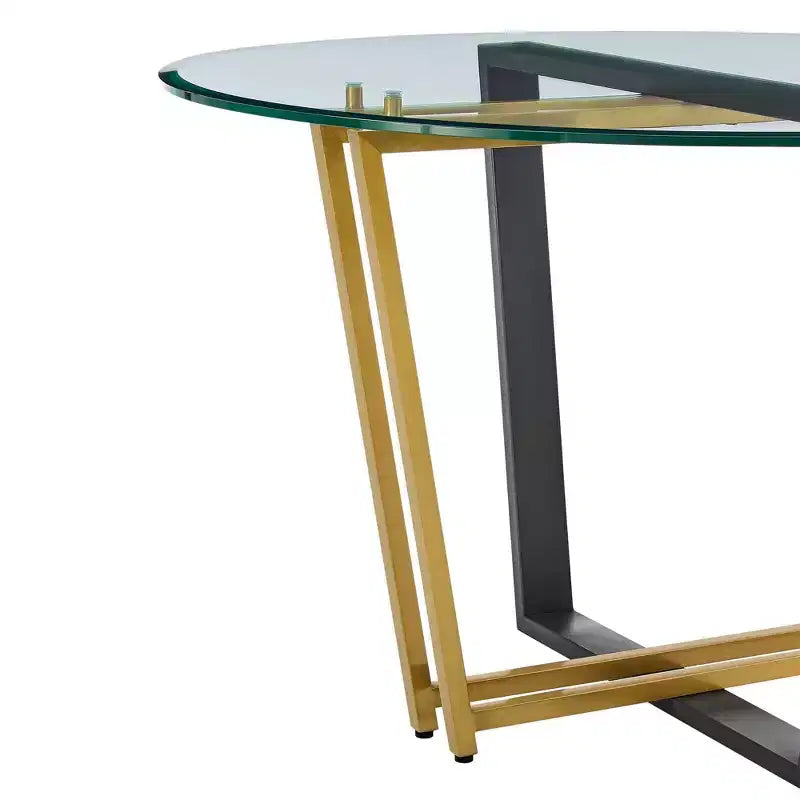 Table à manger avec plateau rond en verre et piètement en acier inoxydable brossé et fer forgé