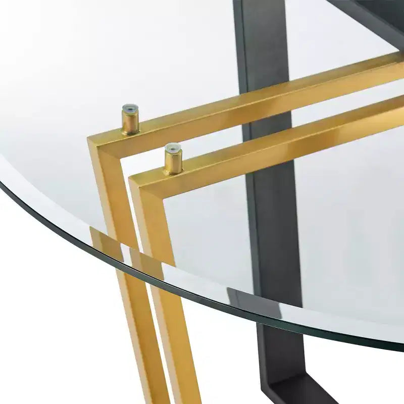 Table à manger avec plateau rond en verre et piètement en acier inoxydable brossé et fer forgé