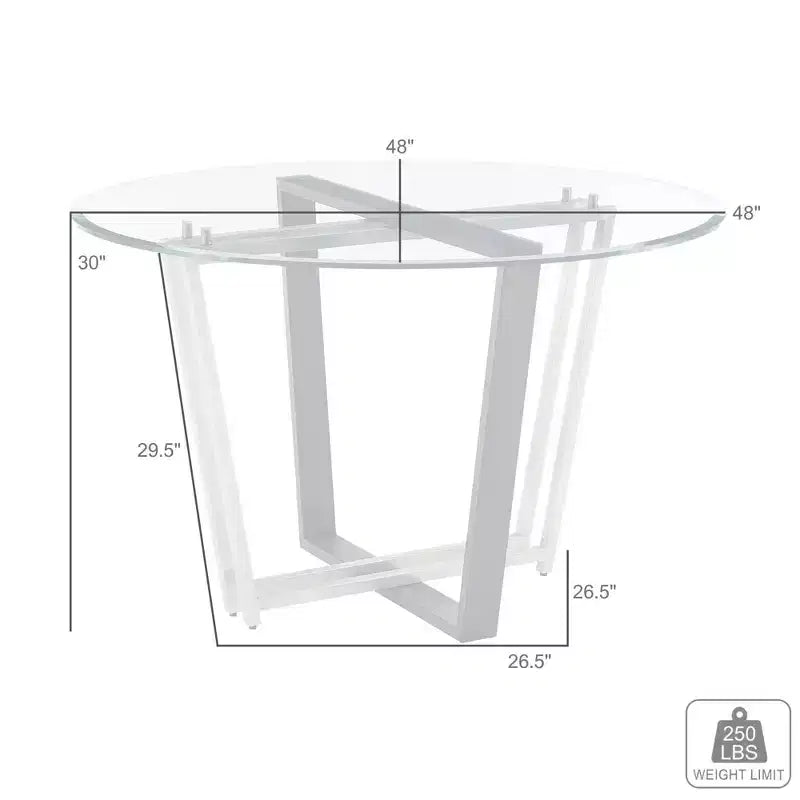 Table à manger avec plateau rond en verre et piètement en acier inoxydable brossé et fer forgé