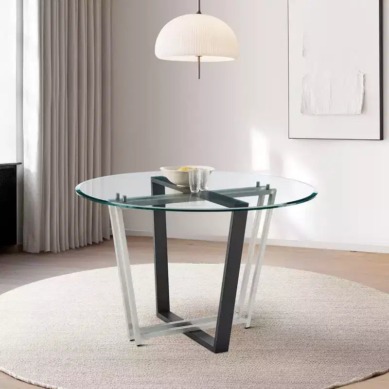 Round Glass Brushed Stainless Steel and Iron Base Dining Table