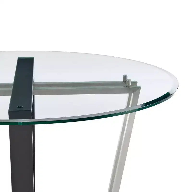 Table à manger avec plateau rond en verre et piètement en acier inoxydable brossé et fer forgé