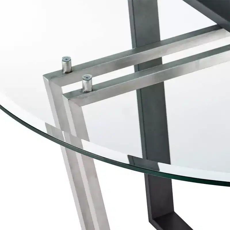 Round Glass Brushed Stainless Steel and Iron Base Dining Table