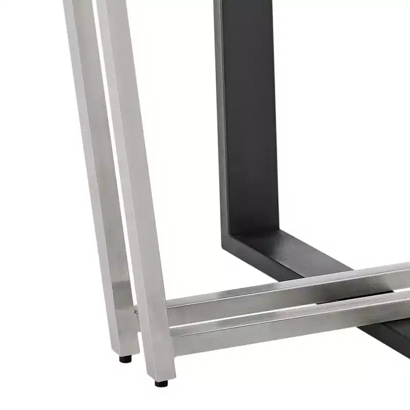 Table à manger avec plateau rond en verre et piètement en acier inoxydable brossé et fer forgé