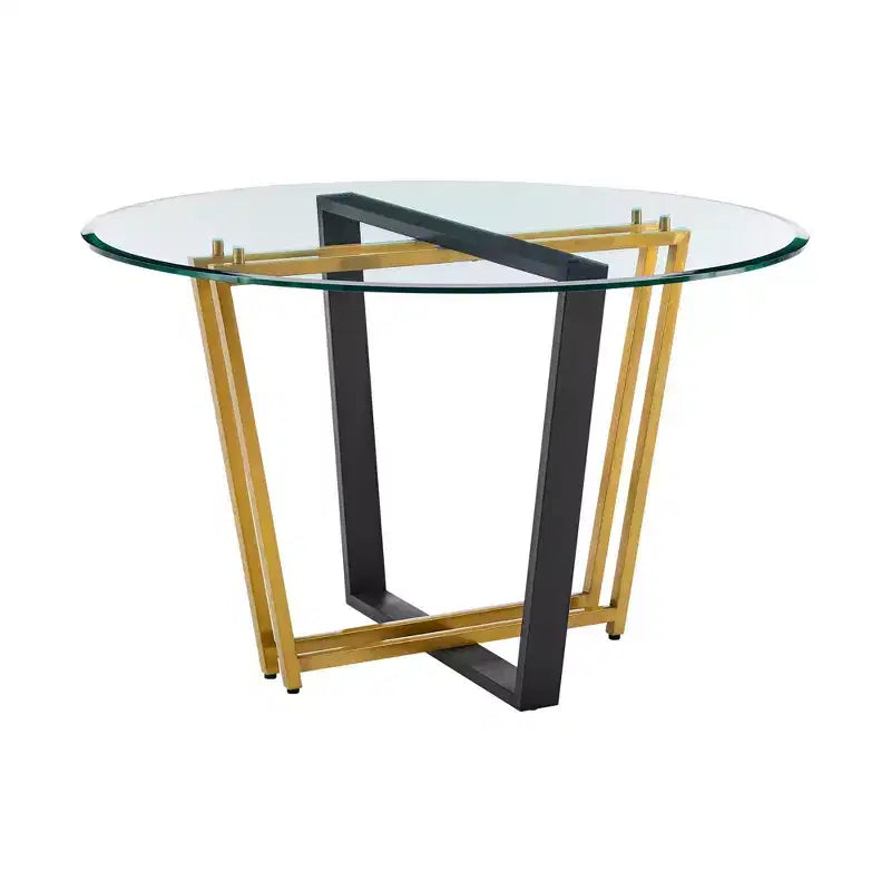 Round Glass Brushed Stainless Steel and Iron Base Dining Table