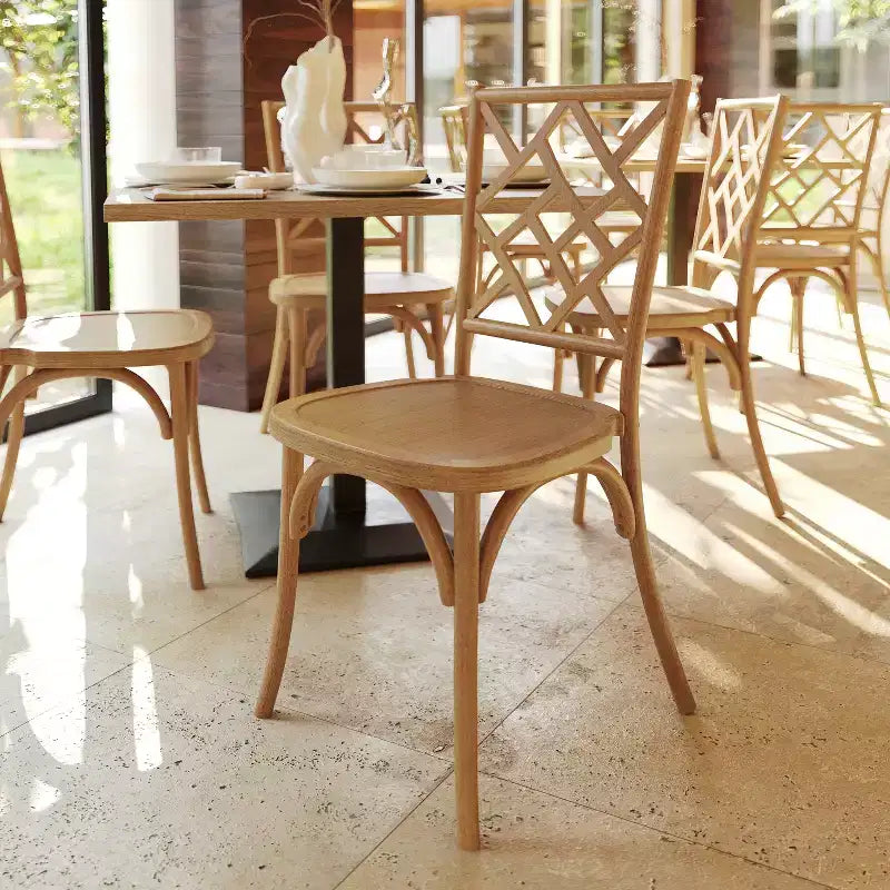 Commercial-grade solid wood stackable dining chairs with exquisite backrest design.