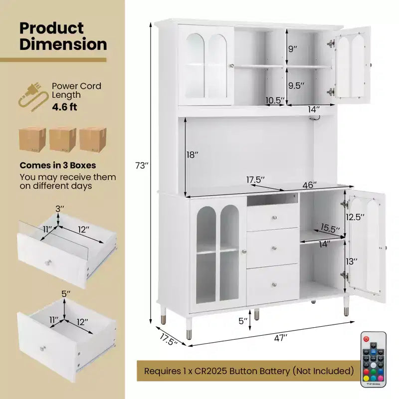 73 Kitchen Pantry Cabinet Kitchen Storage Hutch with LED lights USB Ports Type-C Port AC Outlets Kitchen Utility Cabinet with 3 Drawers