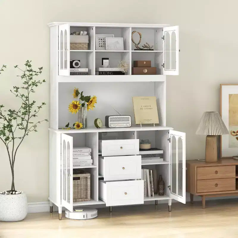 73 Kitchen Pantry Cabinet Kitchen Storage Hutch with LED lights USB Ports Type-C Port AC Outlets Kitchen Utility Cabinet with 3 Drawers