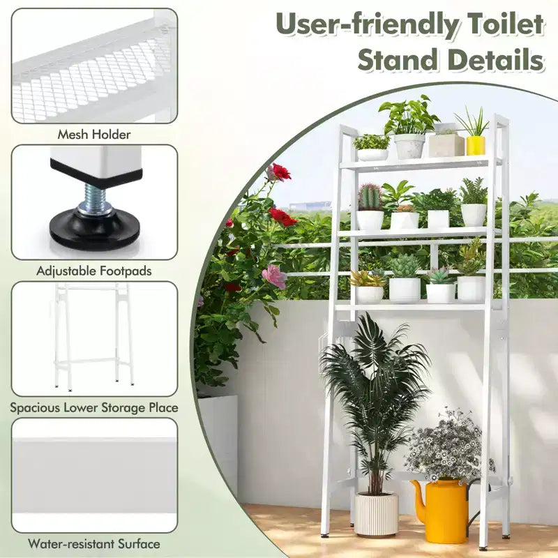 Étagère de rangement 3 niveaux au-dessus des toilettes, autoportante, support de rangement au-dessus des toilettes, 2 crochets latéraux, blanc/noir