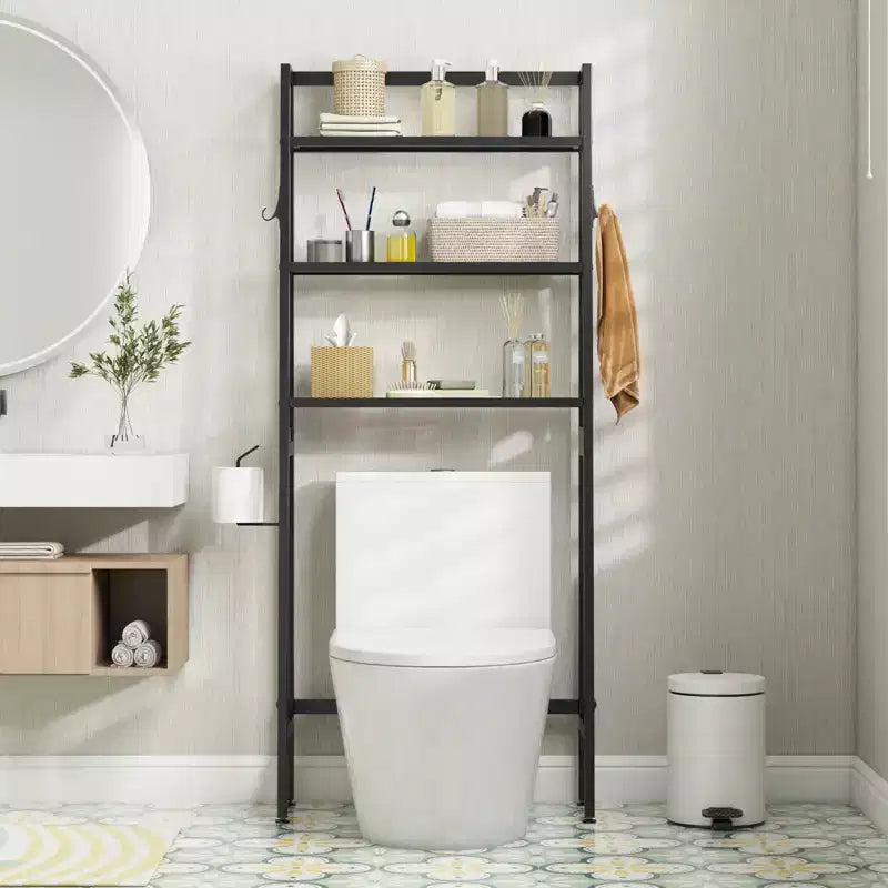 Étagère de rangement 3 niveaux au-dessus des toilettes, autoportante, support de rangement au-dessus des toilettes, 2 crochets latéraux, blanc/noir