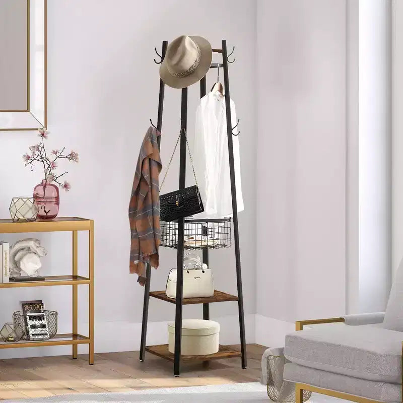 Porte-manteau industriel autoportant avec panier métallique, 2 étagères et 8 doubles crochets pour l'entrée, pour chapeaux, sacs et écharpes