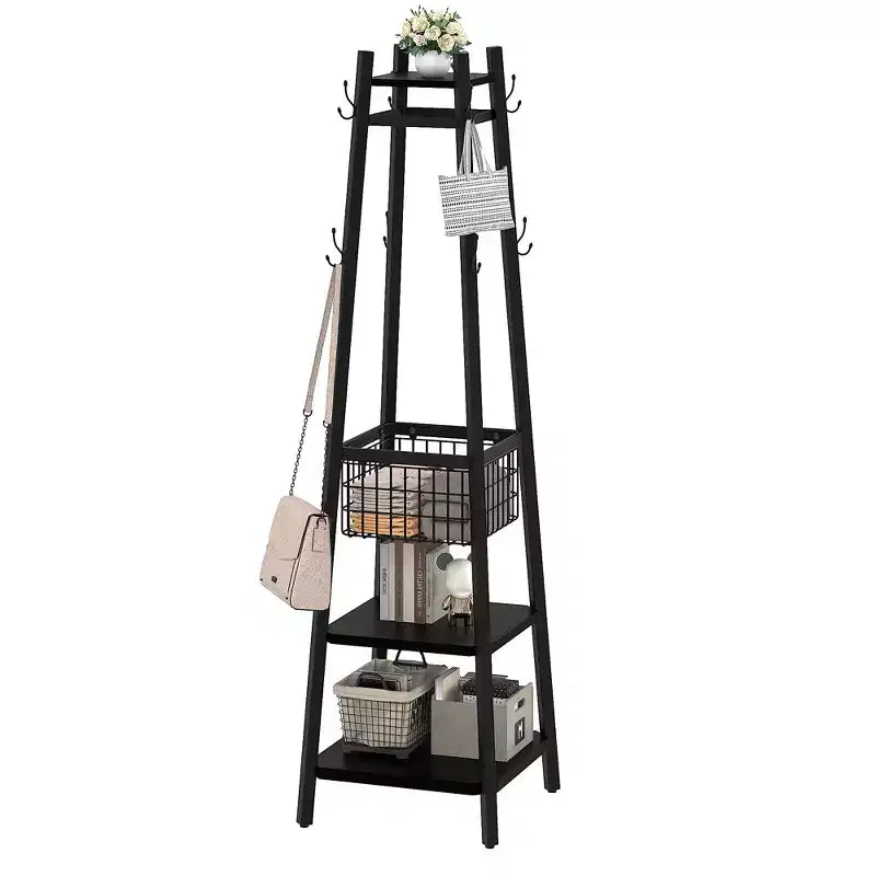 Porte-manteau industriel autoportant avec panier métallique, 2 étagères et 8 doubles crochets pour l'entrée, pour chapeaux, sacs et écharpes