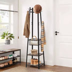Porte-manteau industriel autoportant avec panier métallique, 2 étagères et 8 doubles crochets pour l'entrée, pour chapeaux, sacs et écharpes