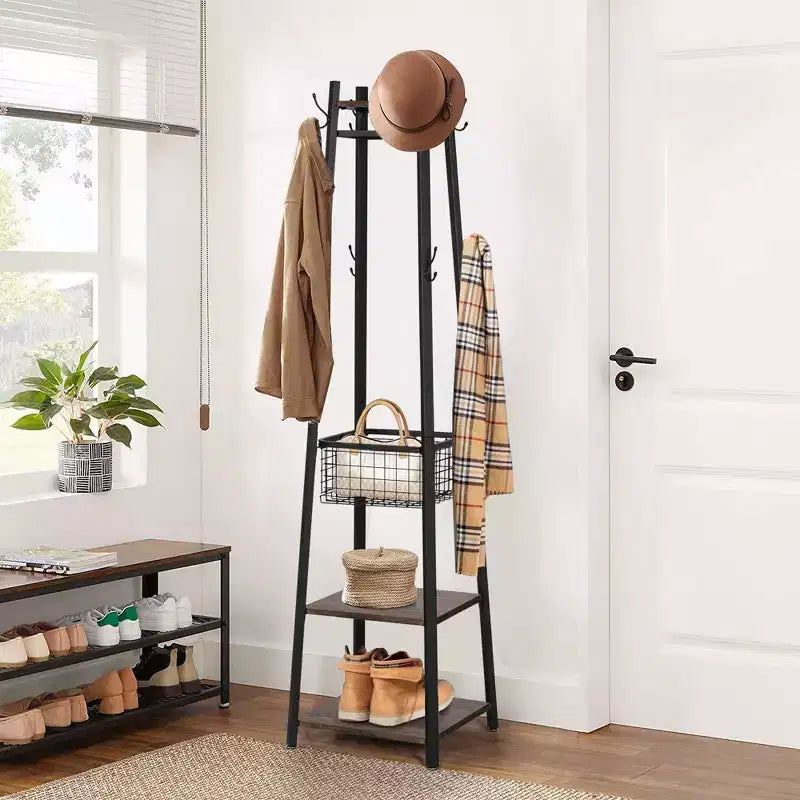 Porte-manteau industriel autoportant avec panier métallique, 2 étagères et 8 doubles crochets pour l'entrée, pour chapeaux, sacs et écharpes