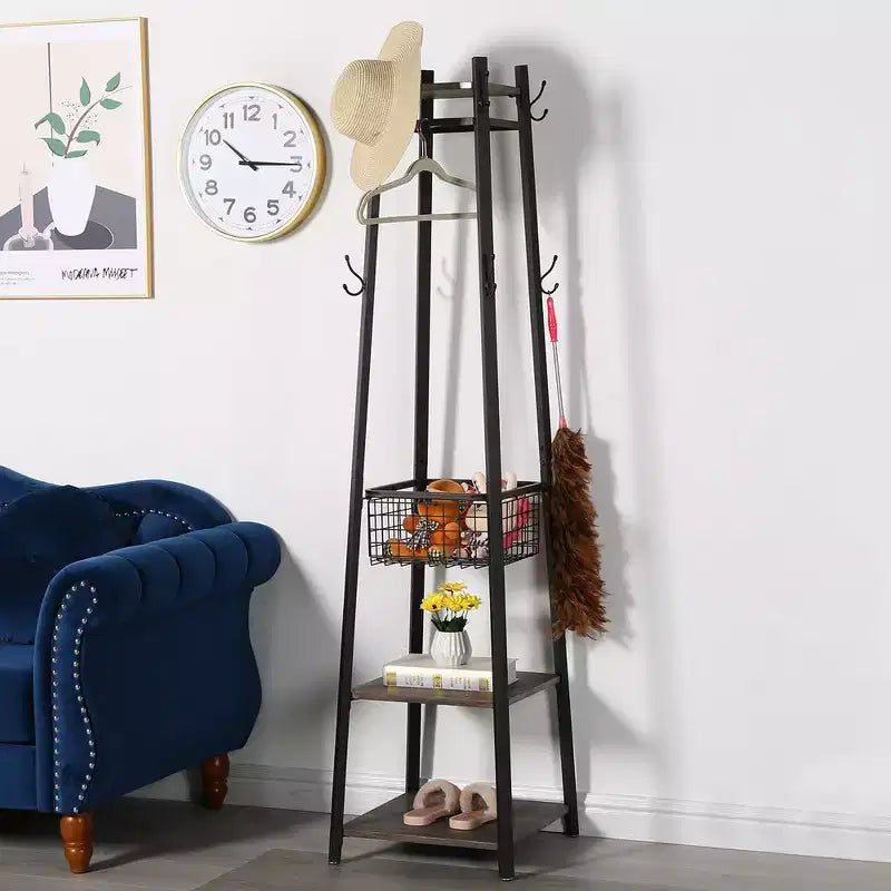 Porte-manteau industriel autoportant avec panier métallique, 2 étagères et 8 doubles crochets pour l'entrée, pour chapeaux, sacs et écharpes