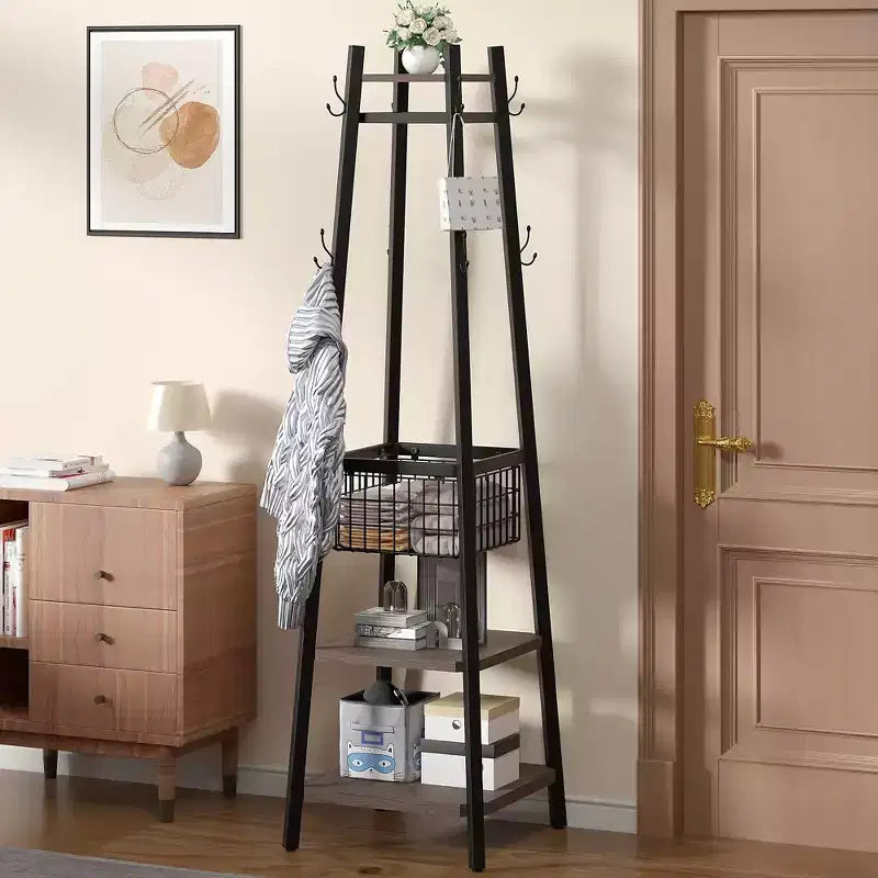 Porte-manteau industriel autoportant avec panier métallique, 2 étagères et 8 doubles crochets pour l'entrée, pour chapeaux, sacs et écharpes
