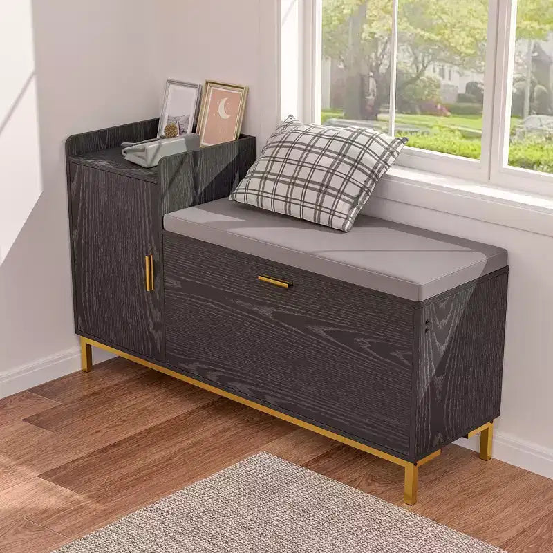 Banc de rangement, étagère à chaussures d'entrée à 2 tiroirs basculants, coussin de siège amovible