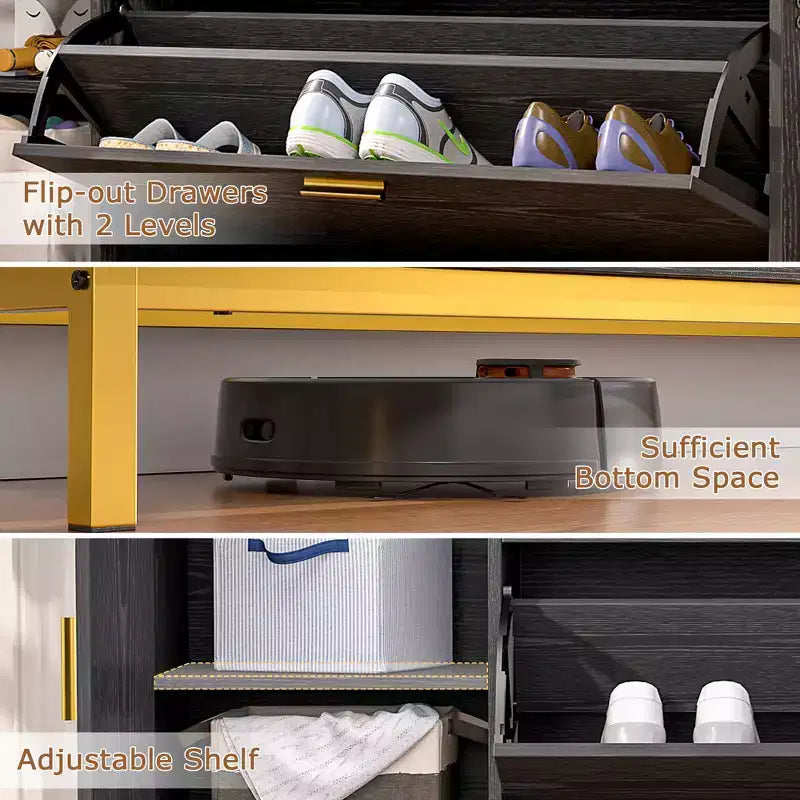 Banc de rangement, étagère à chaussures d'entrée à 2 tiroirs basculants, coussin de siège amovible