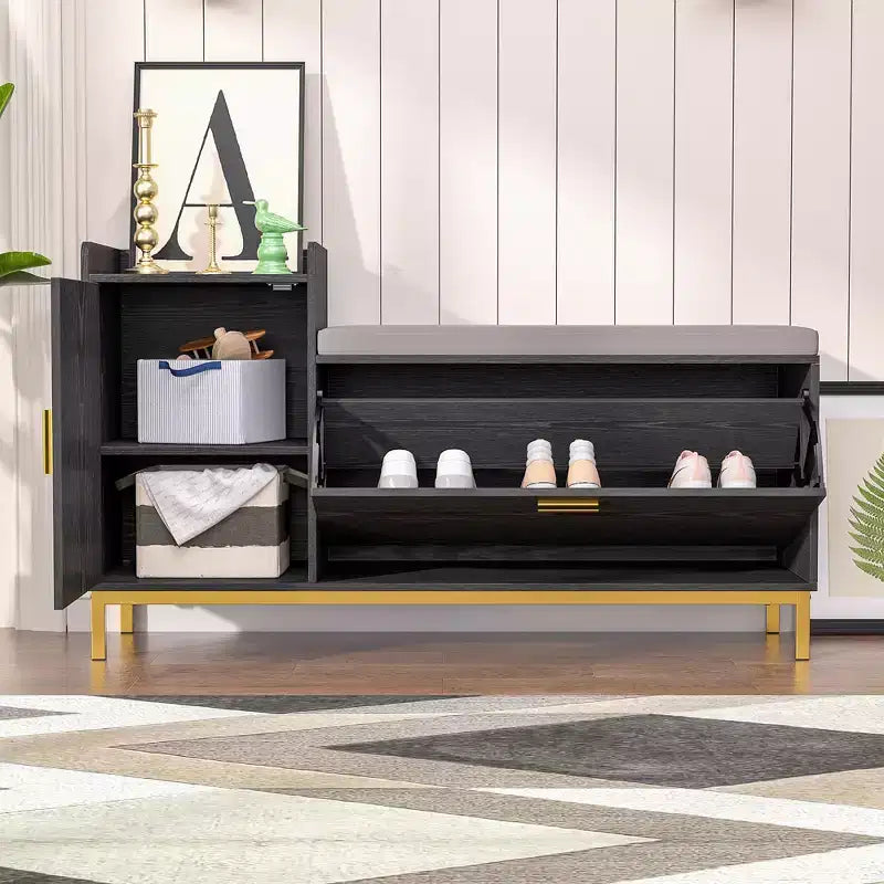 Banc de rangement, étagère à chaussures d'entrée à 2 tiroirs basculants, coussin de siège amovible