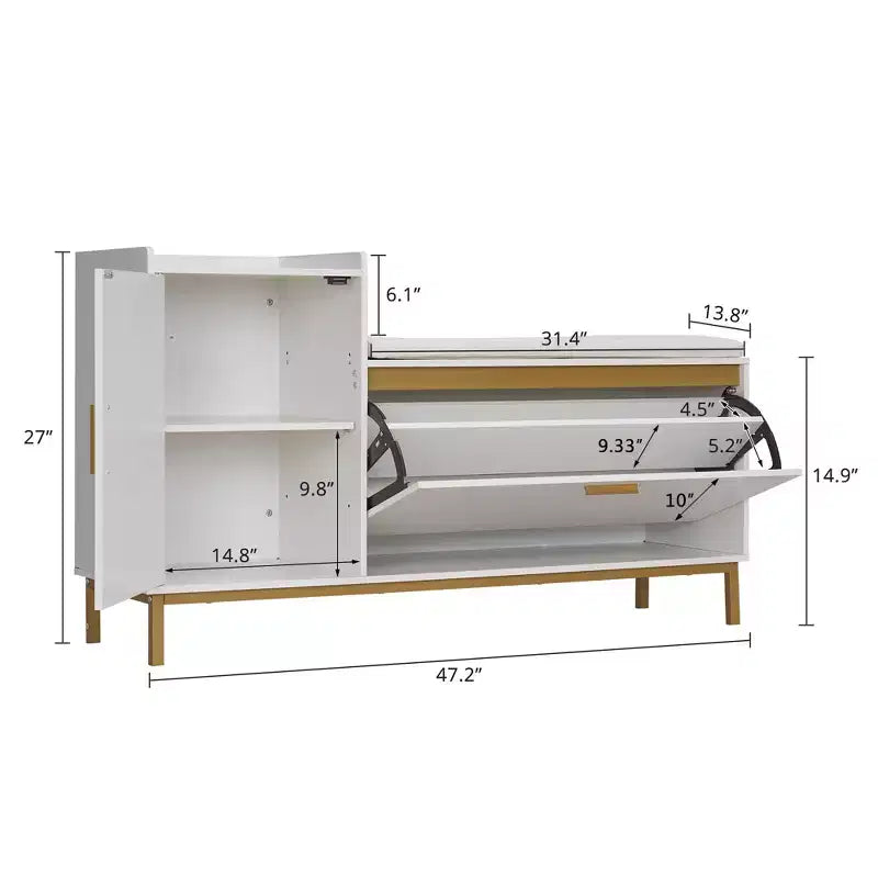 Banc de rangement, étagère à chaussures d'entrée à 2 tiroirs basculants, coussin de siège amovible