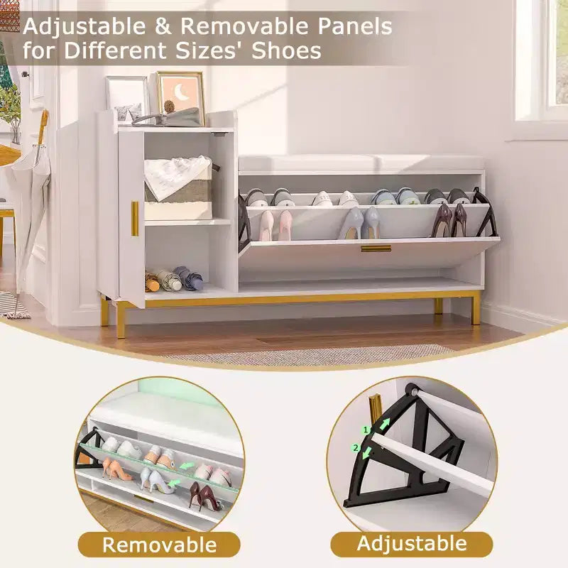 Banc de rangement, étagère à chaussures d'entrée à 2 tiroirs basculants, coussin de siège amovible