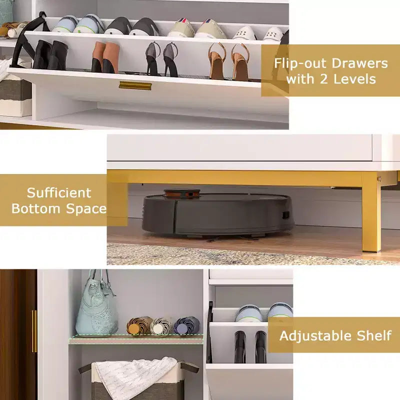 Banc de rangement, étagère à chaussures d'entrée à 2 tiroirs basculants, coussin de siège amovible