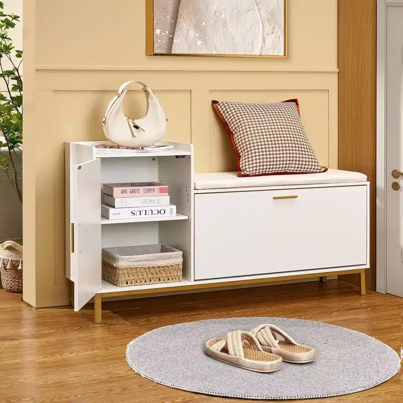 Banc de rangement, étagère à chaussures d'entrée à 2 tiroirs basculants, coussin de siège amovible