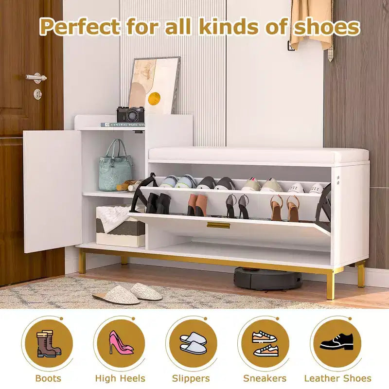Banc de rangement, étagère à chaussures d'entrée à 2 tiroirs basculants, coussin de siège amovible
